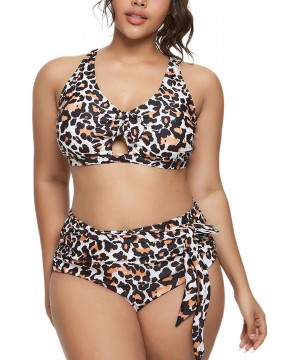 Women Plus Size Bikini High Waisted Swimsuit Ruffled Keyhole Bathing Suit - Leopard - CA198Q68HSW $21.35-Sets