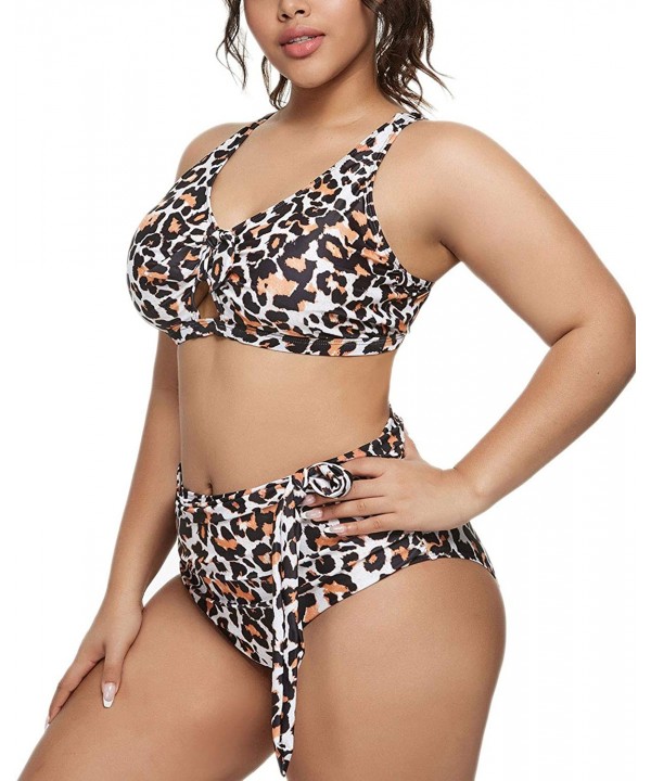 Women Plus Size Bikini High Waisted Swimsuit Ruffled Keyhole Bathing Suit - Leopard - CA198Q68HSW $21.35-Sets