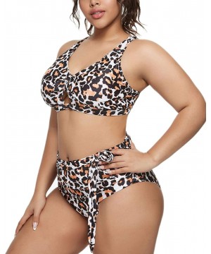 Women Plus Size Bikini High Waisted Swimsuit Ruffled Keyhole Bathing Suit - Leopard - CA198Q68HSW $21.35-Sets