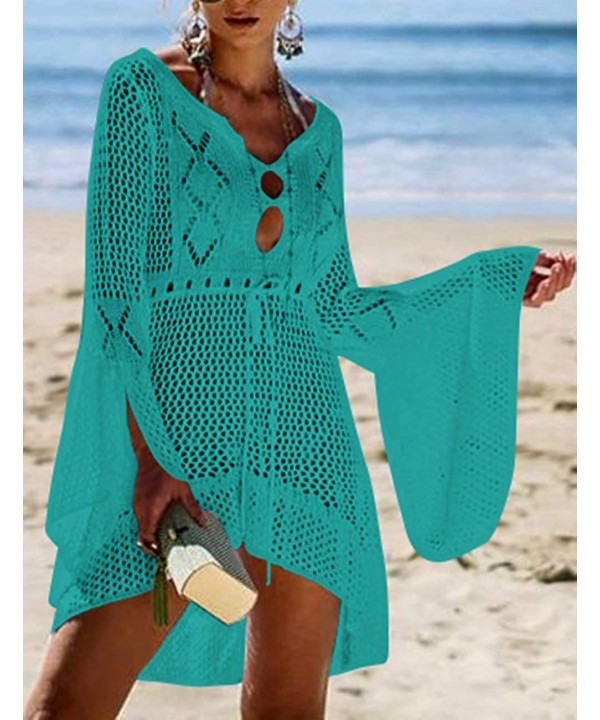 Women Crochet Swimsuit Cover Up Hollow Out Flare Sleeve Beach Dress - Lake Blue - CQ18Q5EME6L $22.53-Cover-Ups