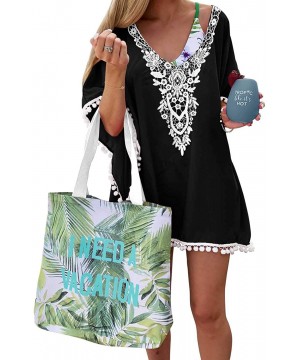 Women's Chiffon Pom Pom Kaftan Swimsuit Beach Cover Up - 03-crochet_black - C2190RGTADX $19.12-Cover-Ups