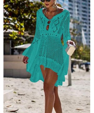 Women Crochet Swimsuit Cover Up Hollow Out Flare Sleeve Beach Dress - Lake Blue - CQ18Q5EME6L $22.53-Cover-Ups