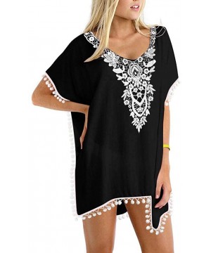 Women's Chiffon Pom Pom Kaftan Swimsuit Beach Cover Up - 03-crochet_black - C2190RGTADX $19.12-Cover-Ups