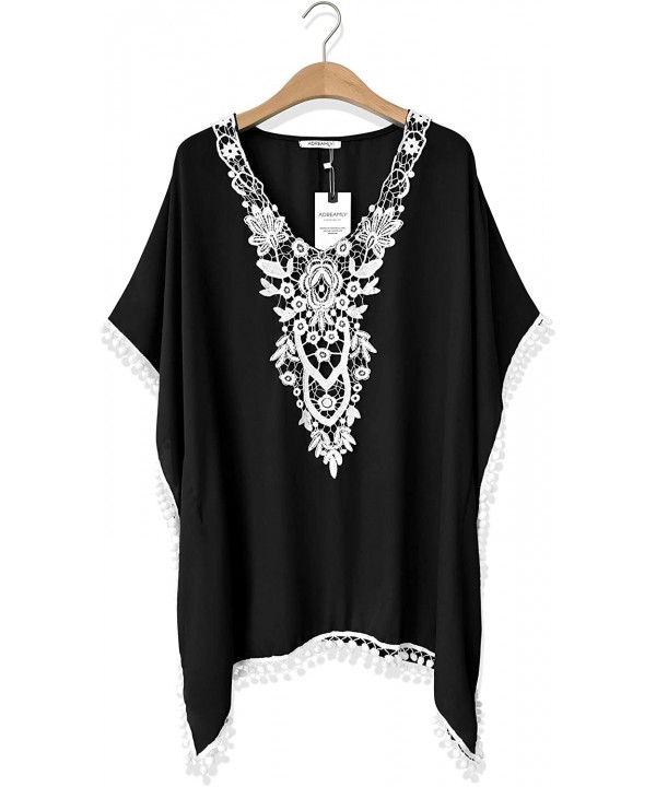 Women's Chiffon Pom Pom Kaftan Swimsuit Beach Cover Up - 03-crochet_black - C2190RGTADX $19.12-Cover-Ups