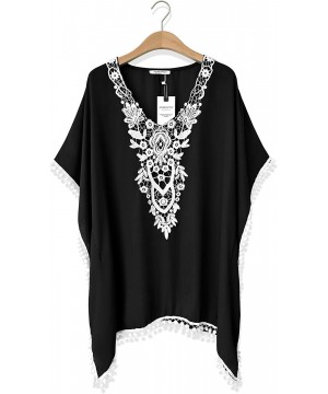 Women's Chiffon Pom Pom Kaftan Swimsuit Beach Cover Up - 03-crochet_black - C2190RGTADX $19.12-Cover-Ups