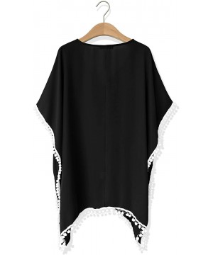 Women's Chiffon Pom Pom Kaftan Swimsuit Beach Cover Up - 03-crochet_black - C2190RGTADX $19.12-Cover-Ups