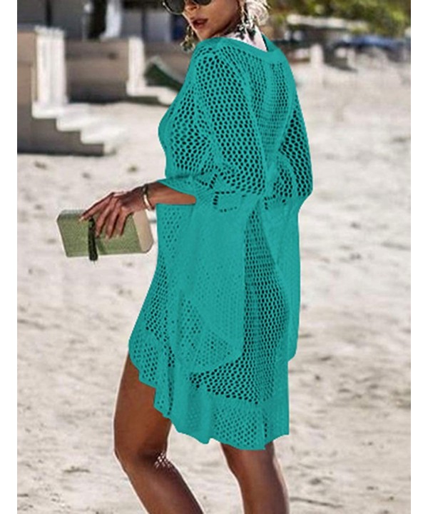 Women Crochet Swimsuit Cover Up Hollow Out Flare Sleeve Beach Dress - Lake Blue - CQ18Q5EME6L $22.53-Cover-Ups