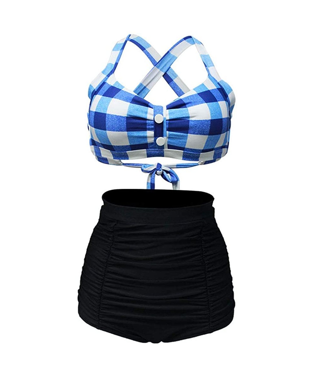 Women High Waist Bikini Button Retro Plaid Striped Button Embellished Moulded Tankini Swimwear - CB197S4MXUM $23.50-Sets