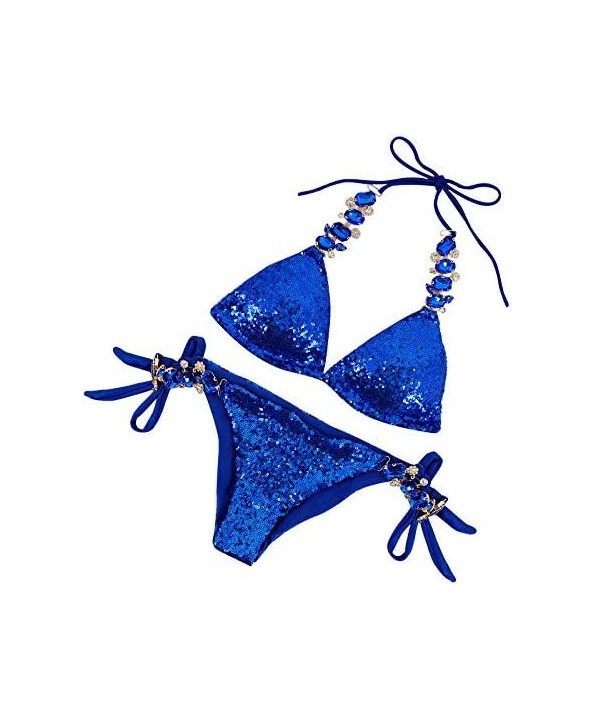 Women Sequin Sexy Swimwear Shining Rhinestone Crystal Bikini Set Push Up Padded Bra Beach Suit - Royal Blue - CP18OR8ZWR6 $16...