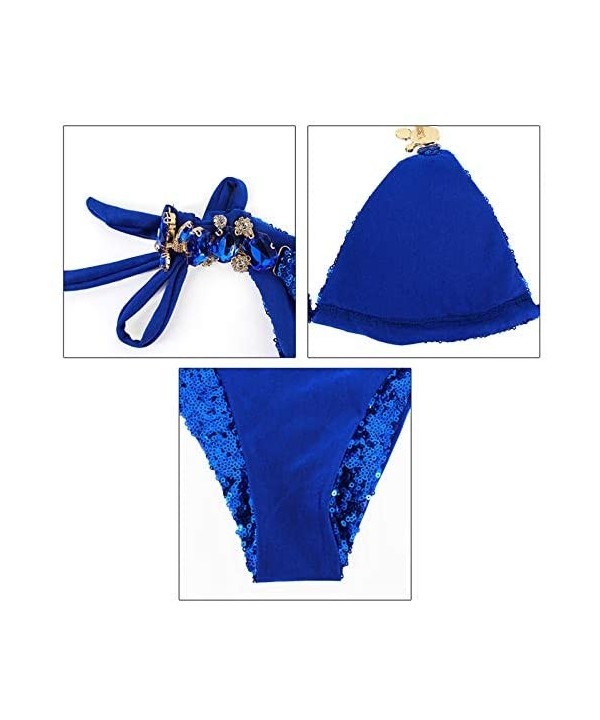 Women Sequin Sexy Swimwear Shining Rhinestone Crystal Bikini Set Push Up Padded Bra Beach Suit - Royal Blue - CP18OR8ZWR6 $16...