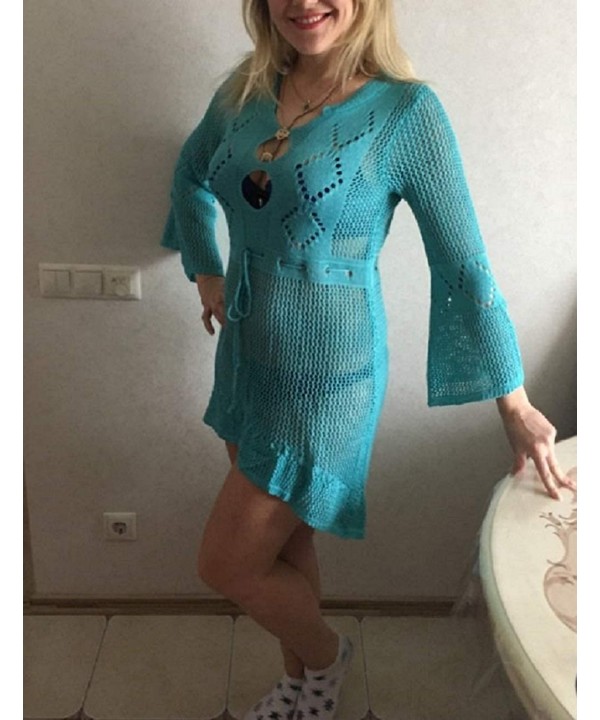 Women Crochet Swimsuit Cover Up Hollow Out Flare Sleeve Beach Dress - Lake Blue - CQ18Q5EME6L $22.53-Cover-Ups