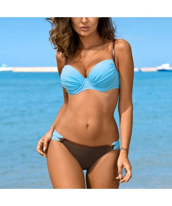 Womens Classic Sexy Ruched Push Up Brazilian Cheeky Bikini Set Pure Color 2 PC Swimsuit Swimwear Bathing Suit - Light Blue - ...