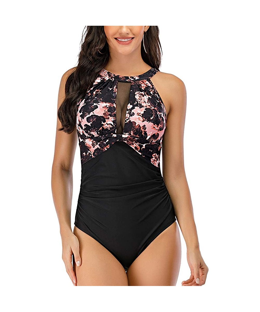 One Piece Bathing Suits for Women Swimsuits Tummy Control Ruched Sexy Slimming Swimwear Monokini High Neck Mesh - Pink Flower...