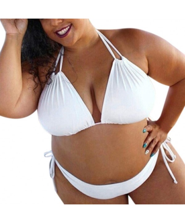 Women Sexy Solid Color Two Pieces Swimsuit Halter Triangle Bra Plus Size Bikini Set Tie Side Bottom Swimwear White - C018SZ2X...