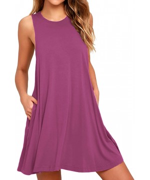 Women Summer Casual Round Neck T Shirt Dresses Beach Cover up Plain Tank Dress - Purple Red - CM196AKLNOS $29.45-Cover-Ups