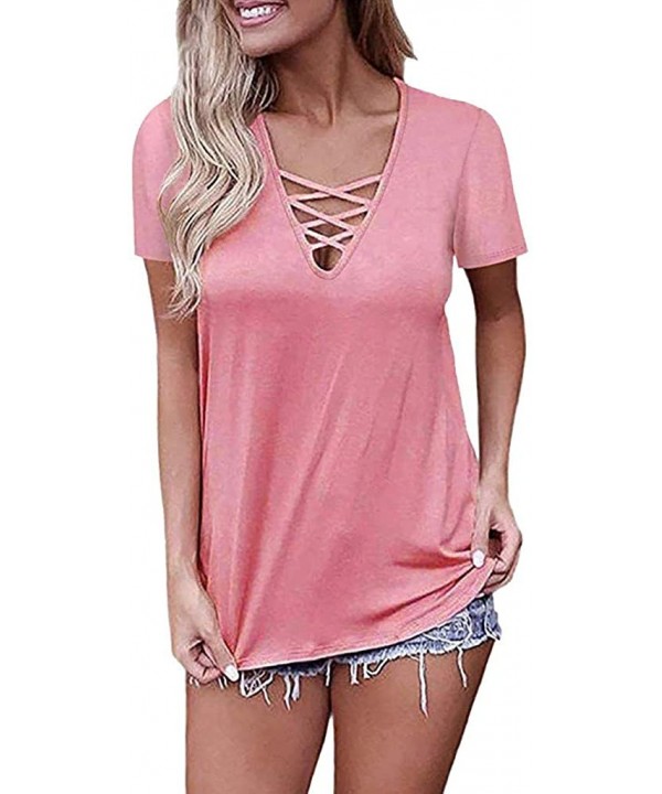 Womens Tank Tops- Women's Blouse 2020 Summer Sleeveless V Neck Lace Up Hollow Out Criss Cross Camis - New_pink - CW18OZ708XK ...