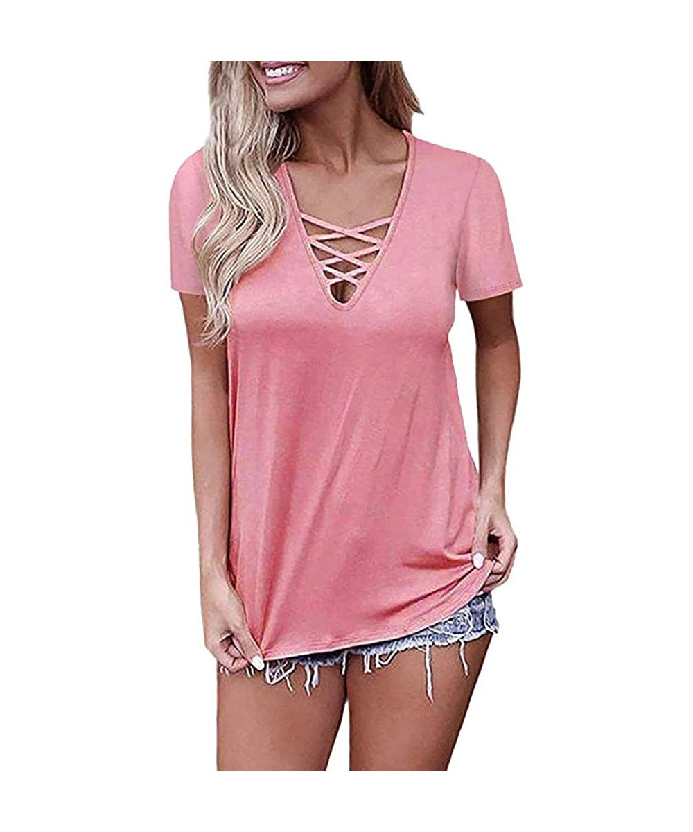 Womens Tank Tops- Women's Blouse 2020 Summer Sleeveless V Neck Lace Up Hollow Out Criss Cross Camis - New_pink - CW18OZ708XK ...