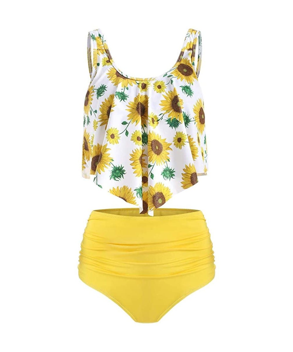 Women's High Waist Ruffle Bikini Flounce Set Sunflower Tankini Ruched Bikini Bottom Two Piece Swimsuit Beachwear - Yellow B -...