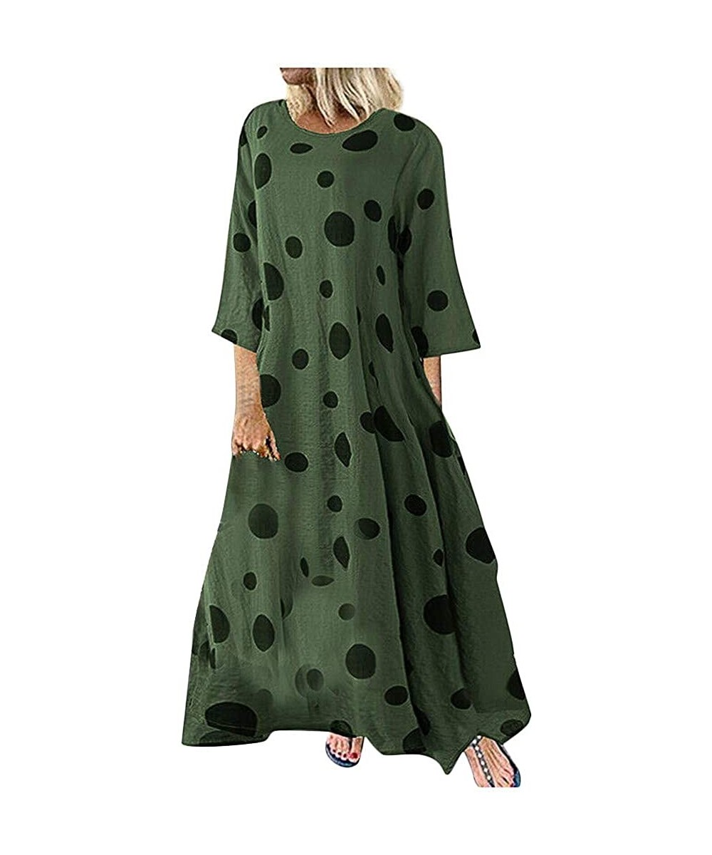 Boho Dresses for Women Plus Size-Vintage Dot Print Maxi Dress Bohemian Long Dress Long Sleeve Dresses - Green - CN18WDCHKWO $...