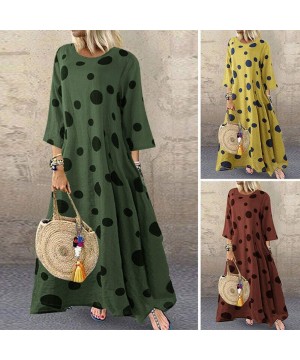 Boho Dresses for Women Plus Size-Vintage Dot Print Maxi Dress Bohemian Long Dress Long Sleeve Dresses - Green - CN18WDCHKWO $...