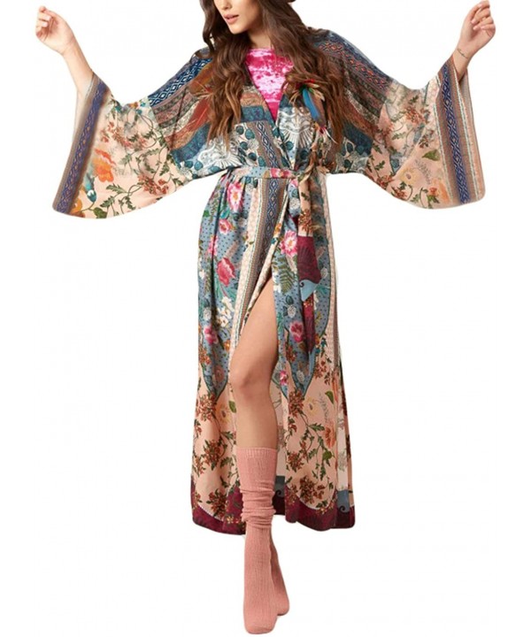 Women Sexy Print Open Front Kimono Cardigan Loose Beach Cover Up Dress - Print 4 - CQ18LZKZ5GX $18.00-Cover-Ups