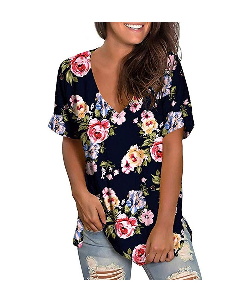 Womens Summer Short Sleeve T Shirts V Neck Tunic Roll Up Tops Cute Tees Loose Fitted Henley Workout Shirts Black 2 - CE18TT4T...