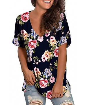 Womens Summer Short Sleeve T Shirts V Neck Tunic Roll Up Tops Cute Tees Loose Fitted Henley Workout Shirts Black 2 - CE18TT4T...