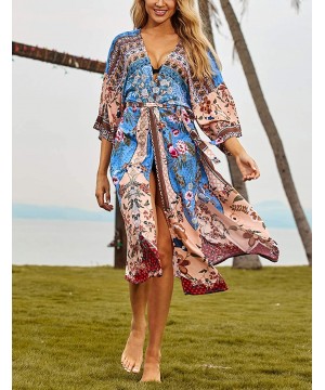 Women Sexy Print Open Front Kimono Cardigan Loose Beach Cover Up Dress - Print 4 - CQ18LZKZ5GX $18.00-Cover-Ups