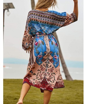 Women Sexy Print Open Front Kimono Cardigan Loose Beach Cover Up Dress - Print 4 - CQ18LZKZ5GX $18.00-Cover-Ups