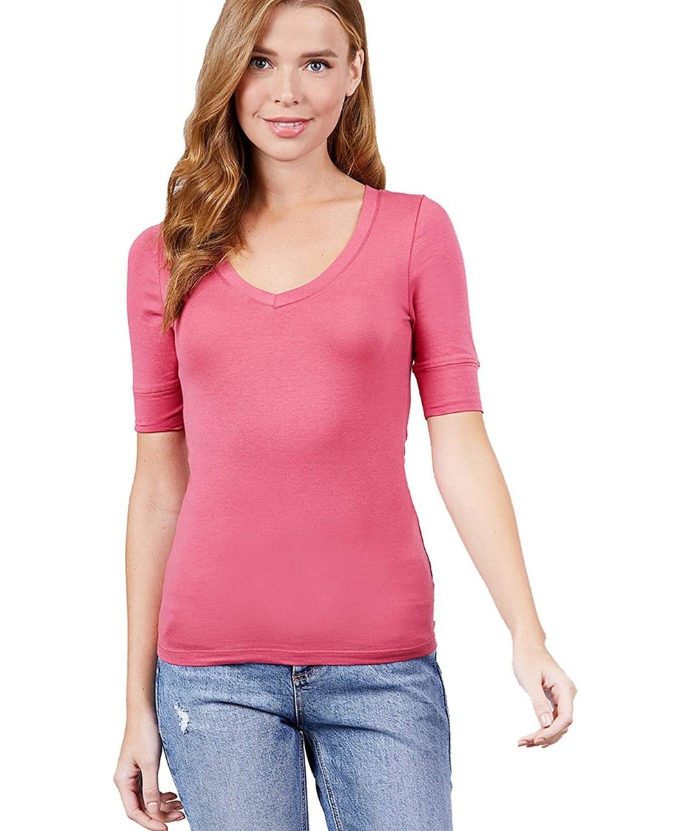 Women's Plain Basic Elbow Length Sleeves V Neck Top Fitted Shirt - Dark Pink - CH186ADMTQ9 $11.92-Tankinis