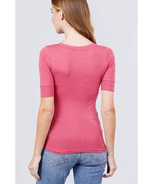 Women's Plain Basic Elbow Length Sleeves V Neck Top Fitted Shirt - Dark Pink - CH186ADMTQ9 $11.92-Tankinis