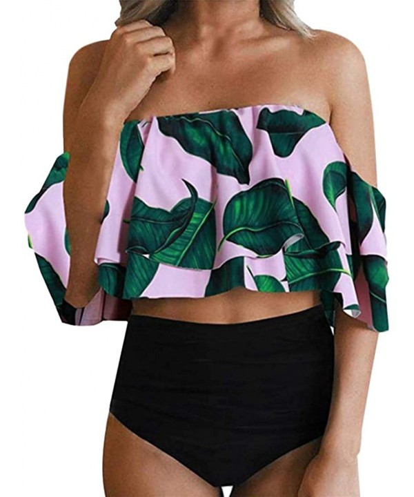 Two Pieces Plus Size Cover Up Coverups Swimsuit for Women One Piece Collar High Waist Ruffle Print Bikini Set Green - CJ18N9Q...