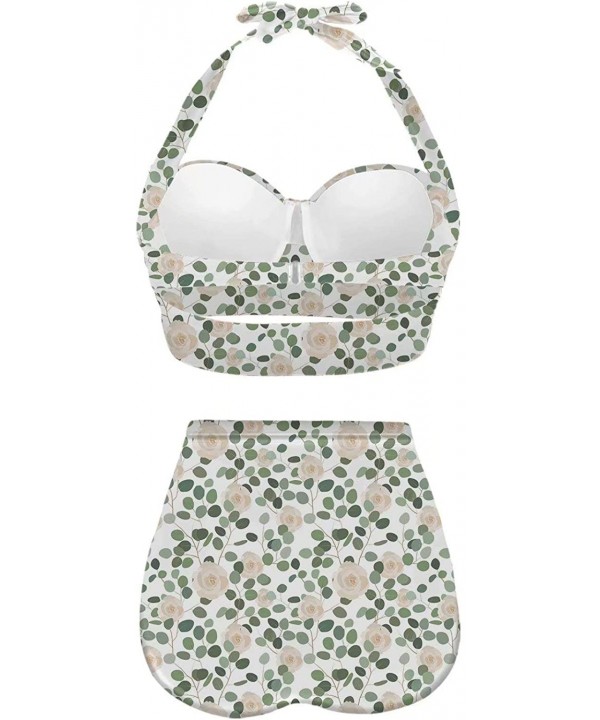 Women's Halter Summer Bright Floral Print Funny Swimsuits High Waisted Bikini Set - Green-1 - C2196D3UCC2 $38.36-Tankinis