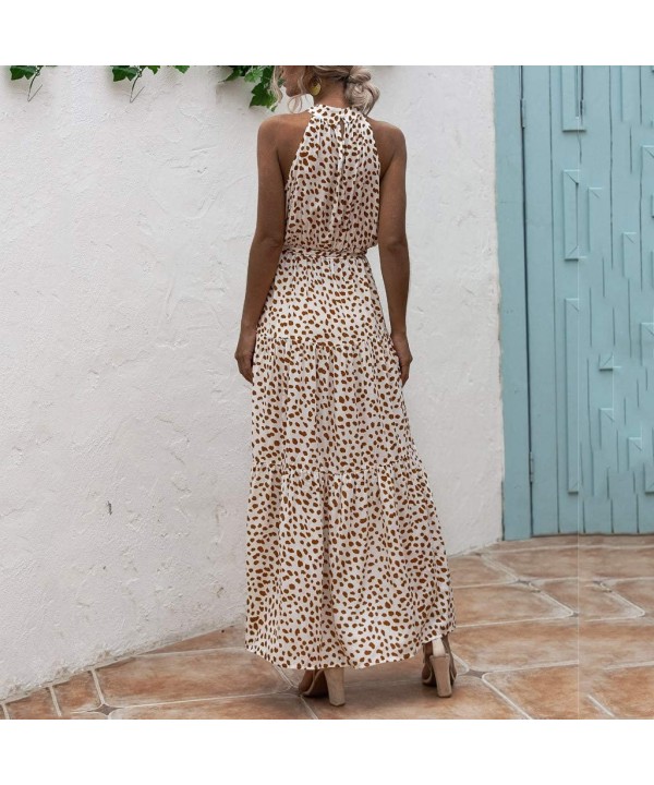 Women Dresses Summer Casual-Halter Neck Sleeveless Maxi Tank Dress Dot Print Beach Sundress Loose Party Formal Long Dress - Z...