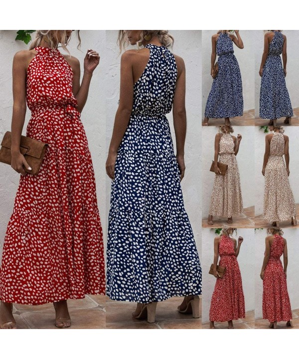 Women Dresses Summer Casual-Halter Neck Sleeveless Maxi Tank Dress Dot Print Beach Sundress Loose Party Formal Long Dress - Z...