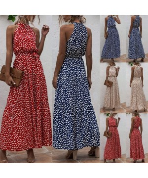 Women Dresses Summer Casual-Halter Neck Sleeveless Maxi Tank Dress Dot Print Beach Sundress Loose Party Formal Long Dress - Z...