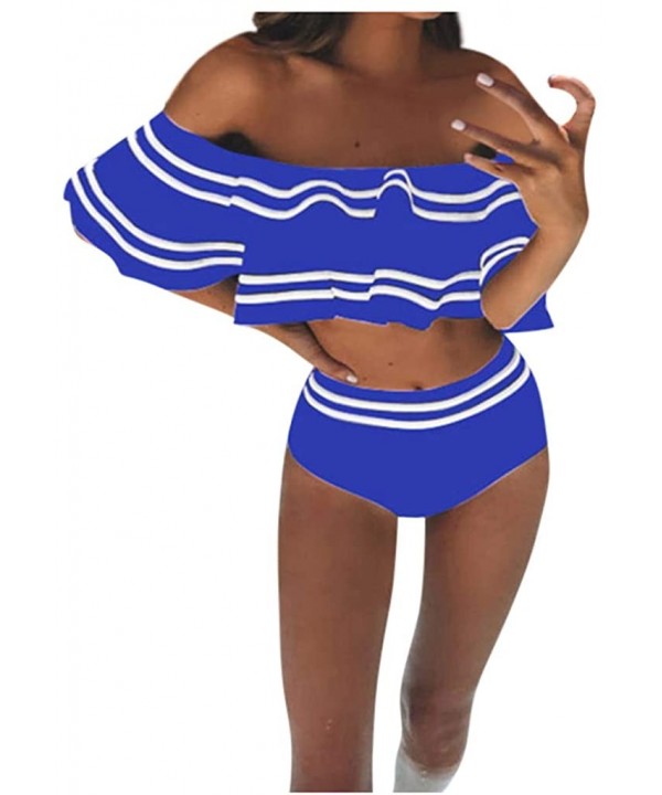 Women Two Piece Swimsuit High Waisted Off Shoulder Ruffled Bikini Set Bathing Suits Swimwear - Blue - C2196DDYC9A $15.31-Sets