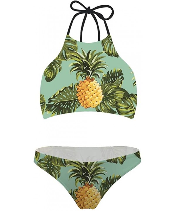 Women's Tropical Plant Fruit Pattern Swimsuit High Neck Push Up Padding Bikini Sets - Pineapple 2 - CQ18Q6L4S6O $24.14-Sets