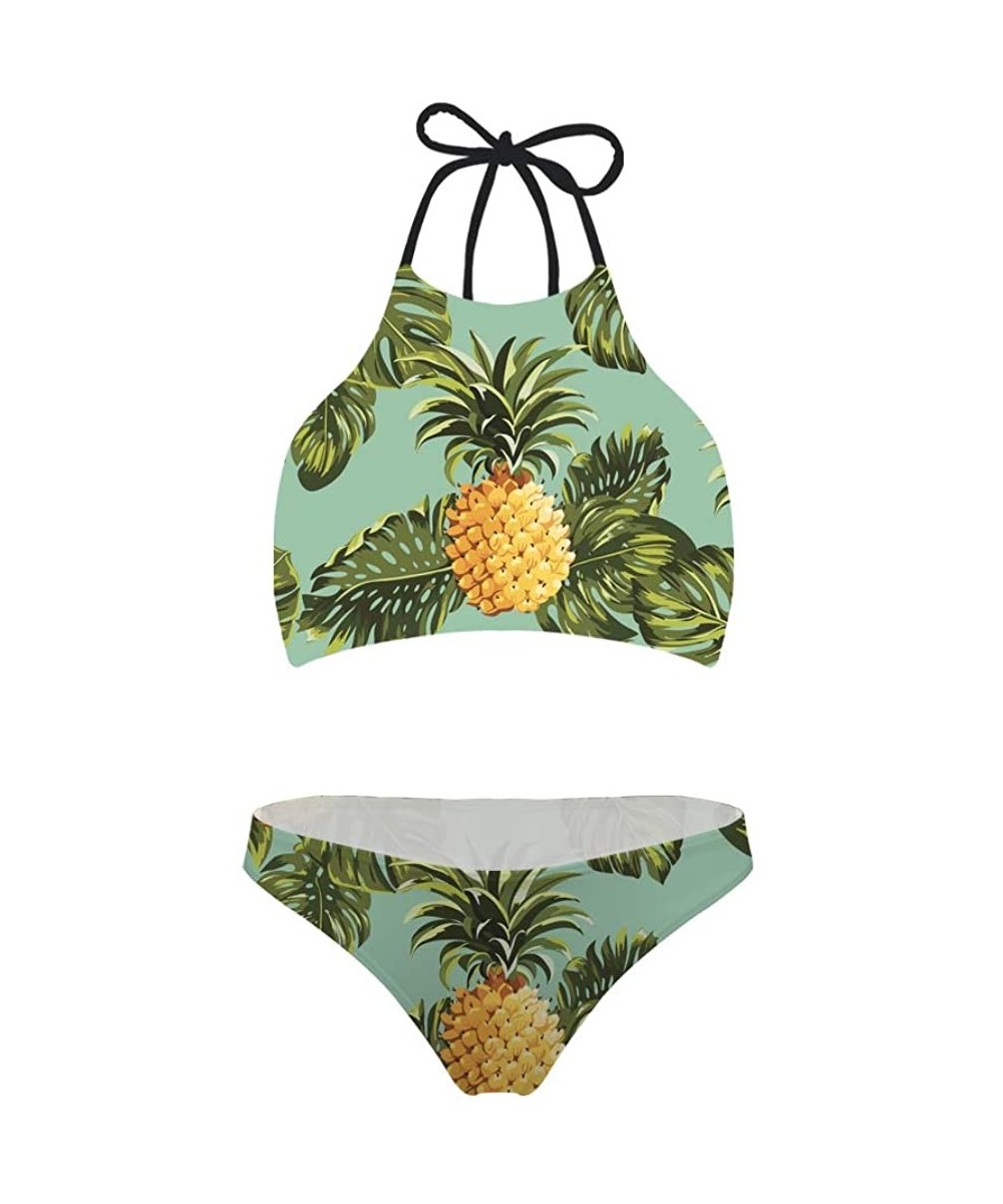 Women's Tropical Plant Fruit Pattern Swimsuit High Neck Push Up Padding Bikini Sets - Pineapple 2 - CQ18Q6L4S6O $24.14-Sets