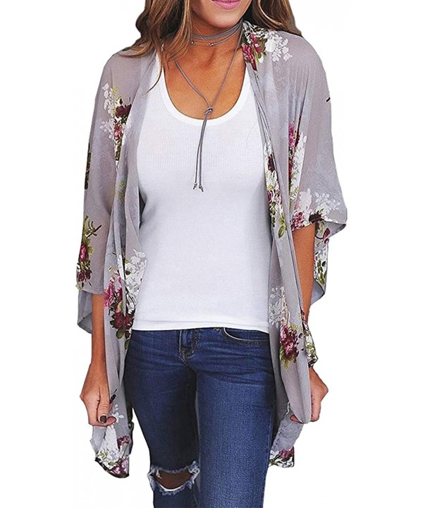 Womens Floral Print Chiffon Kimono Cardigans Loose Beach Cover Up Puff Sleeve Blouse Tops - Grey - CR18RHKG58A $15.00-Cover-Ups