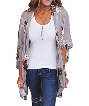 Womens Floral Print Chiffon Kimono Cardigans Loose Beach Cover Up Puff Sleeve Blouse Tops - Grey - CR18RHKG58A $15.00-Cover-Ups