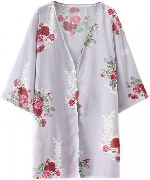 Womens Floral Print Chiffon Kimono Cardigans Loose Beach Cover Up Puff Sleeve Blouse Tops - Grey - CR18RHKG58A $15.00-Cover-Ups