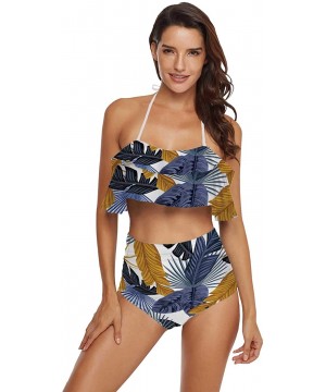 Women Ruffle Halter Swimsuit Backless High Waisted Bikini Set Palm Tropic Leaves in Abstract Blue and Gold Color - Multi 01 -...