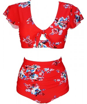 Women's Retro Floral High Waisted Shirred Bikini Set Tie Front Short Sleeve Top Ruffle Swimsuit(FBA) - Garden Red - CL193ROX7...