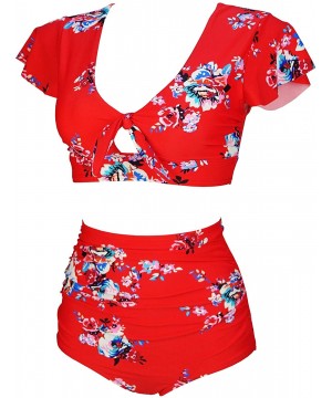 Women's Retro Floral High Waisted Shirred Bikini Set Tie Front Short Sleeve Top Ruffle Swimsuit(FBA) - Garden Red - CL193ROX7...