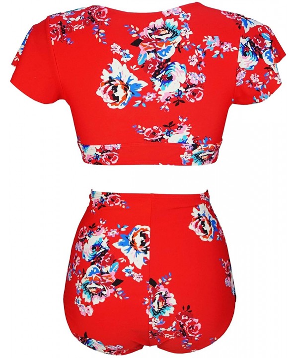 Women's Retro Floral High Waisted Shirred Bikini Set Tie Front Short Sleeve Top Ruffle Swimsuit(FBA) - Garden Red - CL193ROX7...