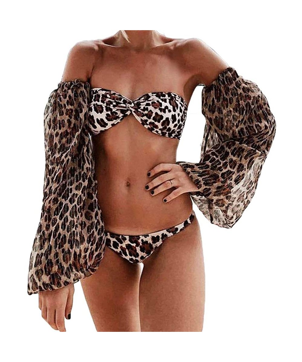 Women 2pcs Plaid Lace Up Strappy Padded Swimsuit Girl Off Shoulder Long Sleeve Crop Top+High Cut Thong Bathing Suit - Leopard...