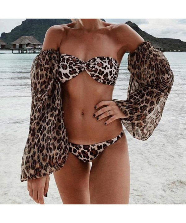 Women 2pcs Plaid Lace Up Strappy Padded Swimsuit Girl Off Shoulder Long Sleeve Crop Top+High Cut Thong Bathing Suit - Leopard...