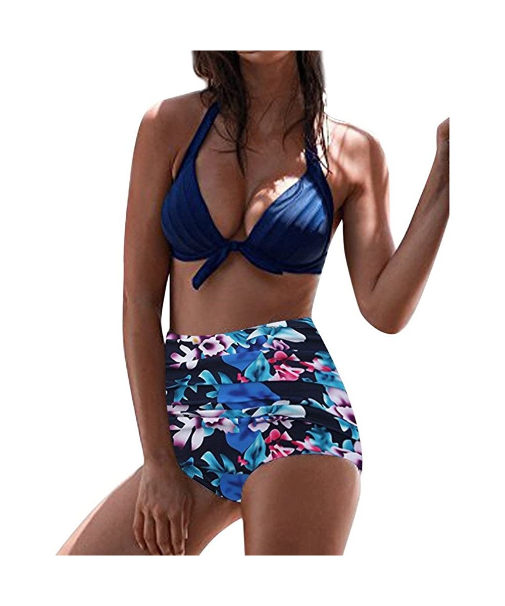 Women's High Waist Bikini Swimwear Women's Vintage Print Beachwear Bikini Set Swimwear - B9-sky Blue - CW196LAZT0Y $13.18-Ras...