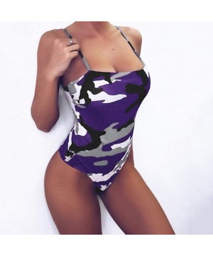 Women 2019 Bathing Suit Monokini Swimwear Sexy Camouflage High Cut Strapless One Piece Funny Halter Swimsuit Zzpurple - C518Q...